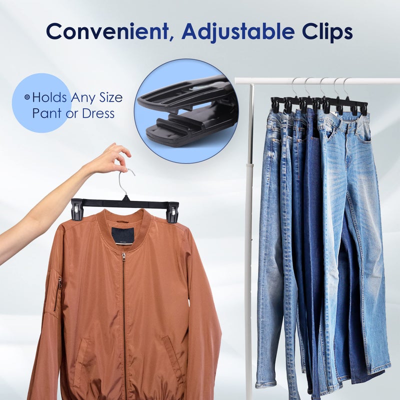 Hanger Central 12 Pack Space Saving Heavy Duty Slim Plastic Pants  Skirts  Shorts Hangers  Ridged Non-Slip with Pinch Clips  360-Rotating Chrome Swivel Hook  in Black  12 Inches - Image 5